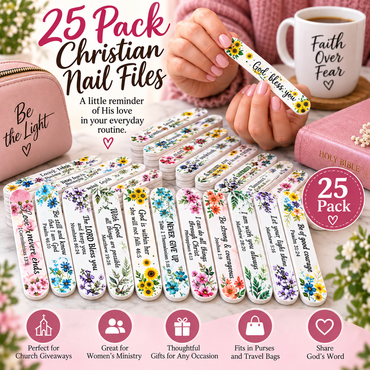 A 25-pack of Christian nail files arranged in a fan shape, each file featuring a different colorful floral design and a scripture quote. A hand is holding one of the files with a sunflower design.