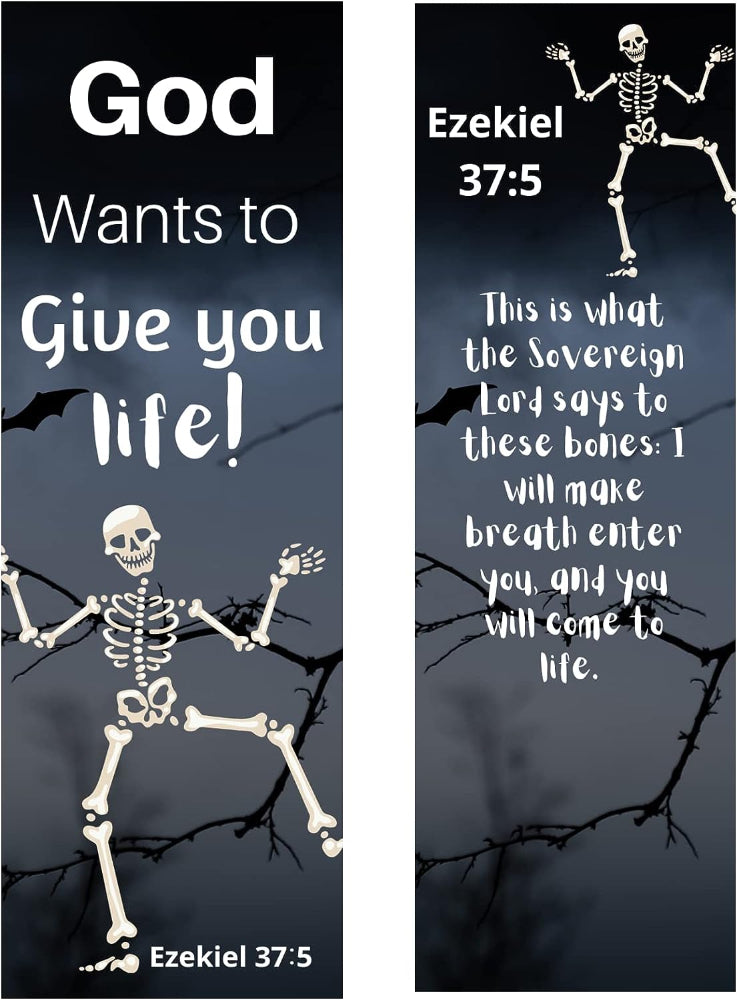 Bulk Christian Halloween bookmarks with Ezekiel 37:5 Bible verse for trunk or treat handouts