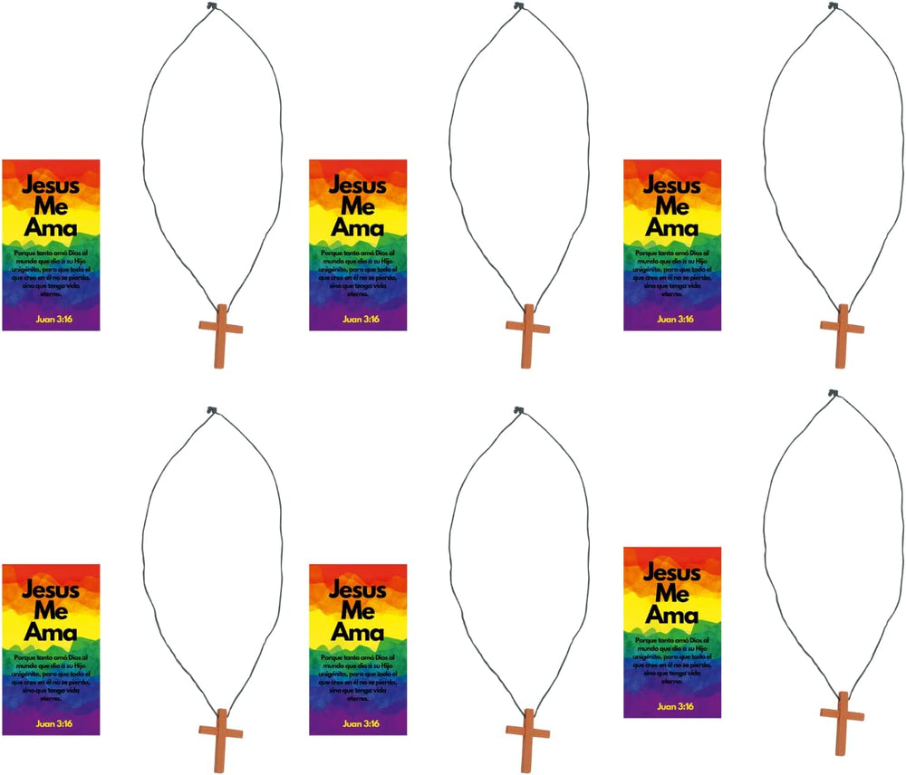 12 Sets of Bulk Spanish Jesus Loves Me, Jesus Me AMA, Juan 3:16, Wooden Cross Necklaces with Spanish Bookmark Pocket Cards