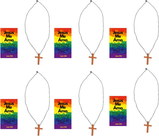 12 Sets of Bulk Spanish Jesus Loves Me, Jesus Me AMA, Juan 3:16, Wooden Cross Necklaces with Spanish Bookmark Pocket Cards