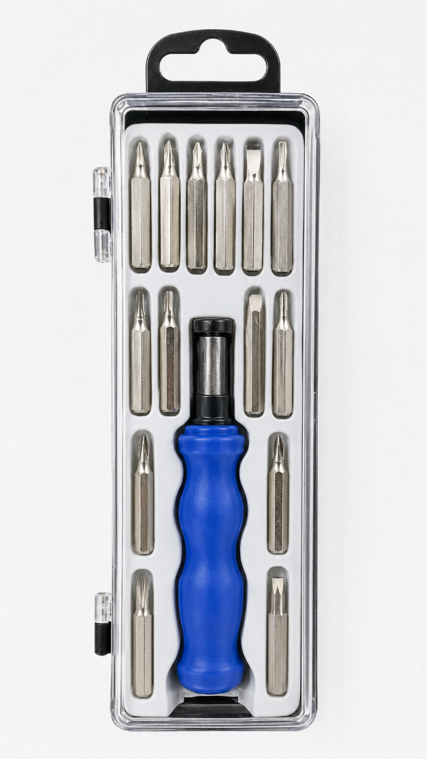 Man of God Bible Verse Set of screwdrivers with a blue driver in a clear plastic case on a white background
