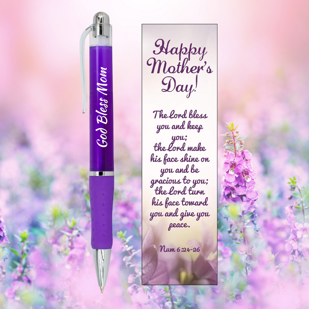 Bulk Set of 10 Happy Mother's Day God Bless Mom Purple Ballpoint Pen and Bookmark Gift Sets
