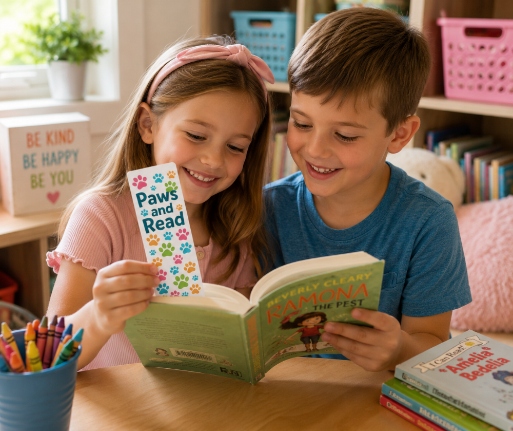A young girl and boy sitting together at a table, smiling as they read books. The girl holds up a book titled 'Paws and Read' decorated with colorful paw prints, and the boy holds a green book titled 'Paw-Nya the Pest'.