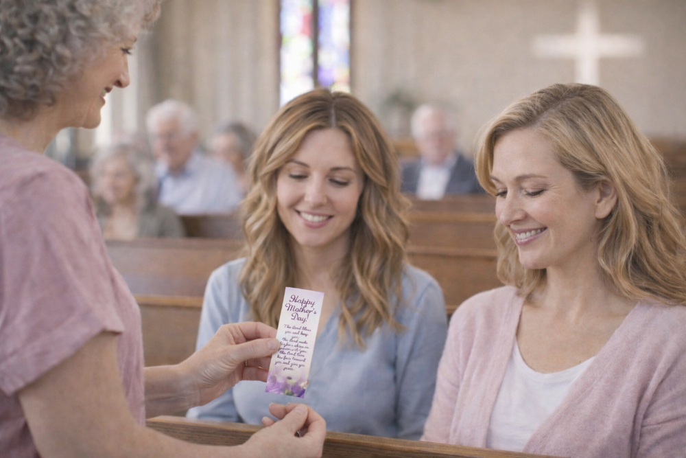 Two women sitting in a church pew, one handing a Bible verse mother's day bookmark to the other.
