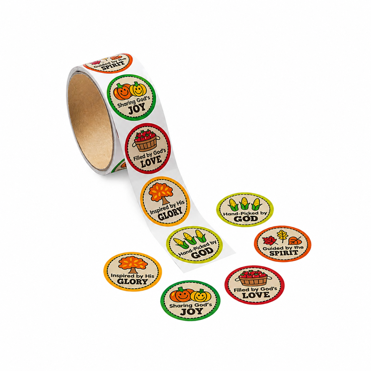 A roll of round decorative stickers on a white background, with several loose stickers displayed in front. The stickers feature autumn-themed illustrations and phrases such as 'Sharing God's JOY,' 'Filled with God's LOVE,' 'Inspired by His GLORY,' 'United in Faith by GOD,' 'Lived Out by GOD,' 'Inspired by His GLORY,' 'Walk by GOD,' 'Called to Serve GOD,' and 'Sharing God's JOY.