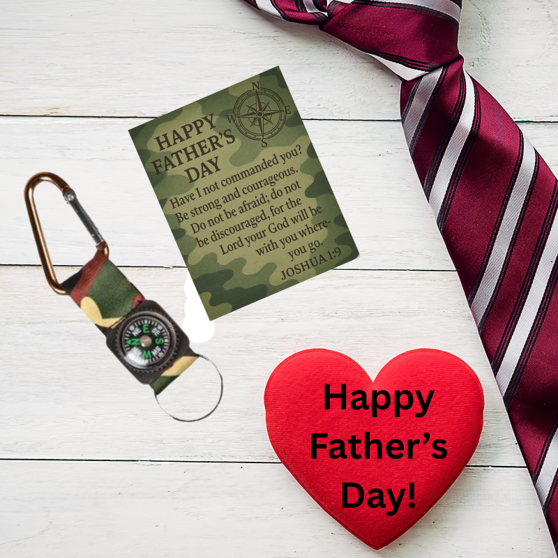 12-Pack Father’s Day Compass Keychains with Joshua 1:9 Camo Cards