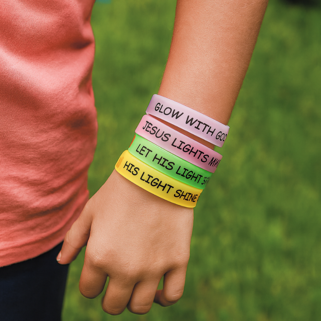 Person wearing colorful wristbands with Christian Halloween on a grassy background let His light shine