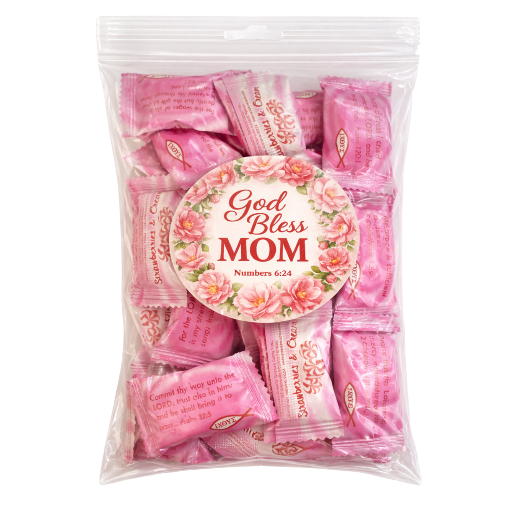 Packaged pink candies with a 'God Bless Mom' label on a white background