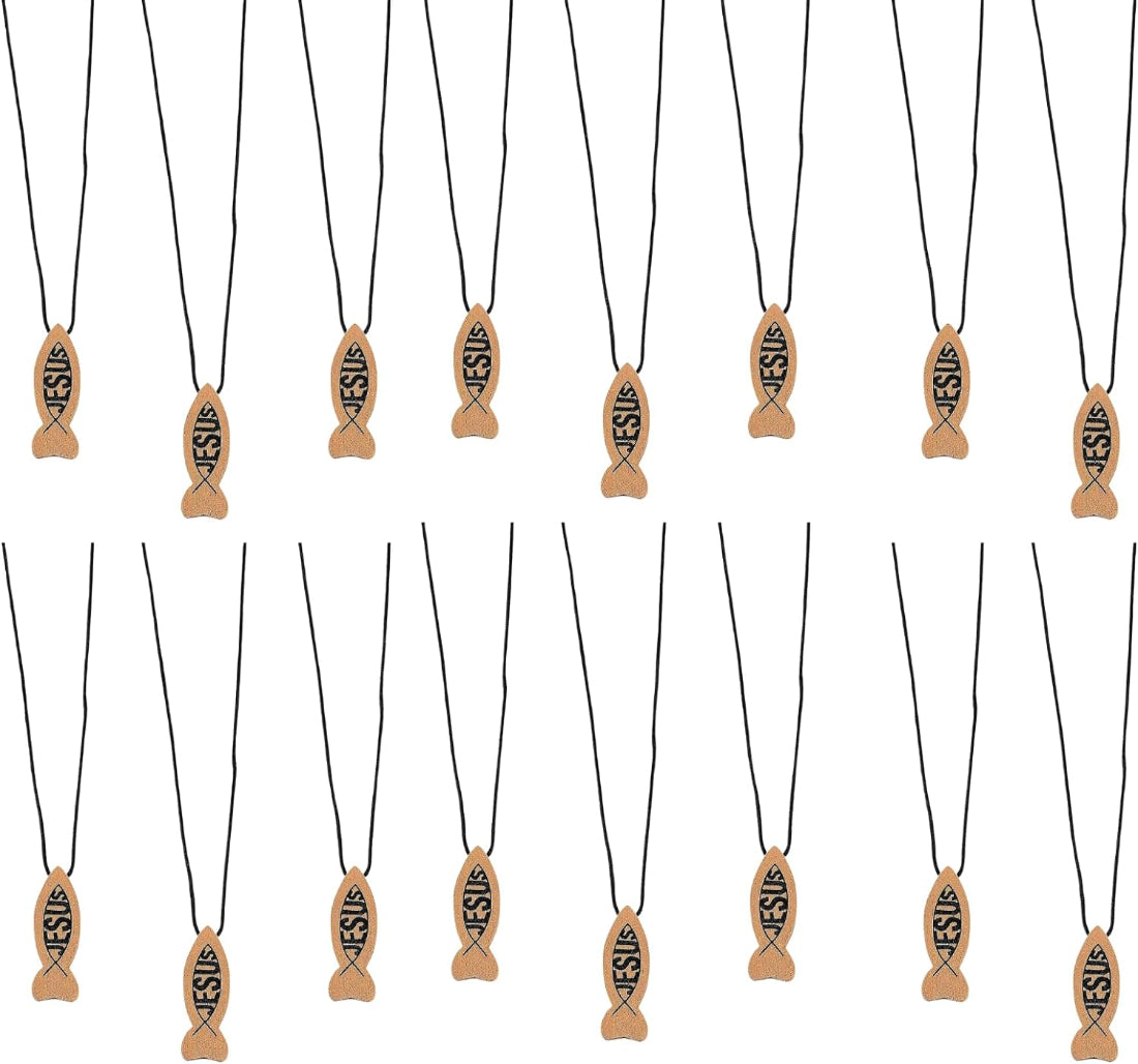 A collection of 24 wooden Jesus fish necklaces with adjustable nylon cords.