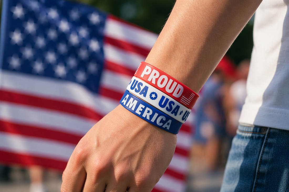 Person wearing 'Proud USA' wristbands with an American flag in the background