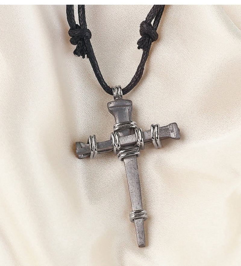 Pewter-Tone Metal Nail Cross Necklace
