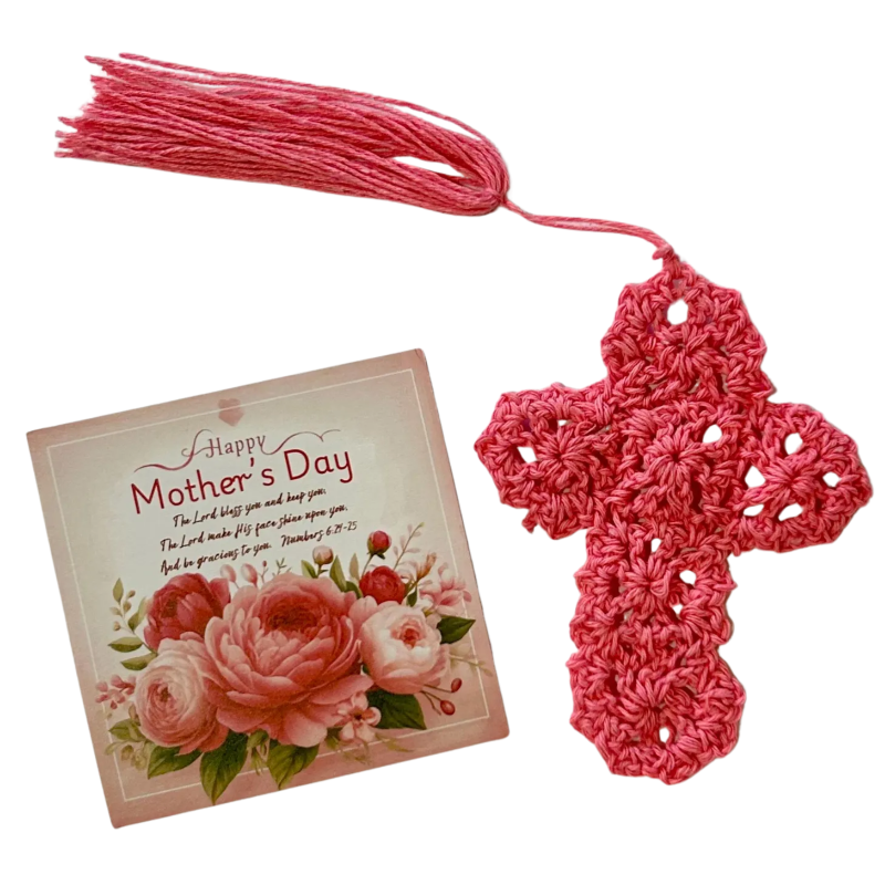 24-Pack Crocheted Pink Cross Bookmarks with Mother's Day Scripture