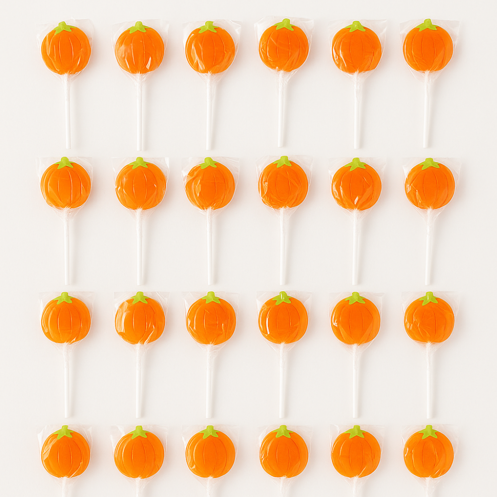 Pumpkin-shaped lollipops on white sticks arranged in rows.