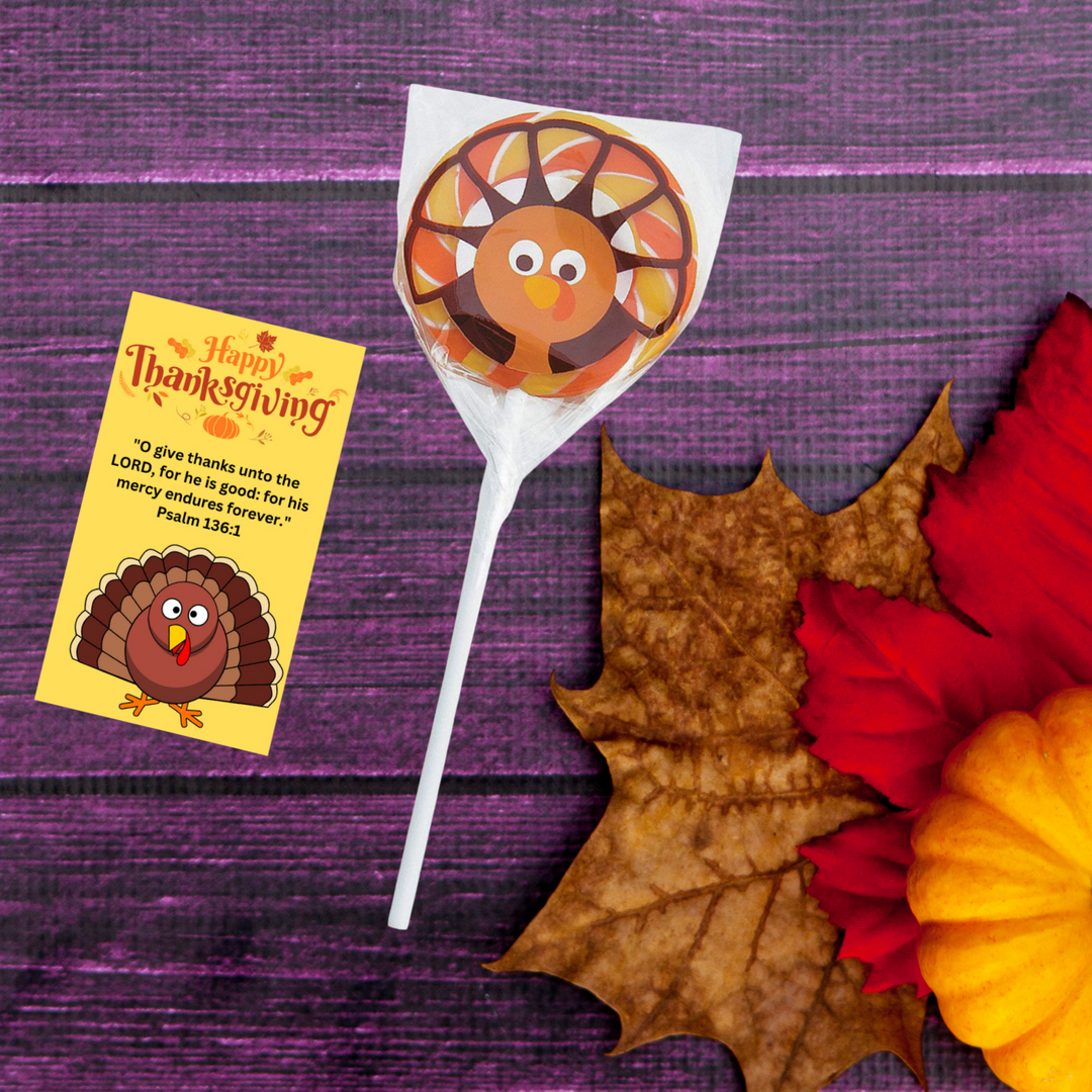 12 Sets of Christian Thanksgiving Wallet Cards Give Thanks with Turkey Shaped Suckers Bible Verse Psalm 136:1