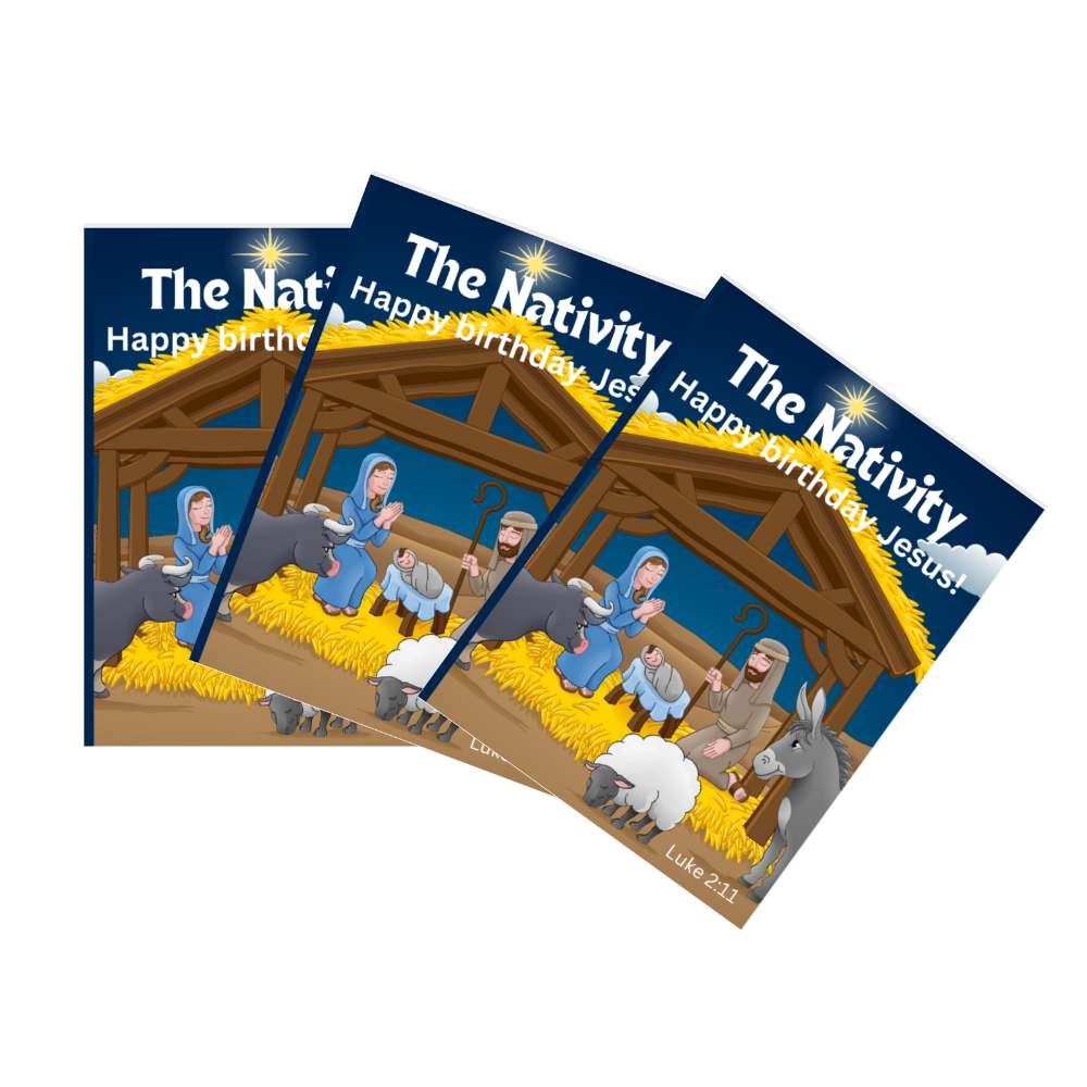 A set of three Christmas-themed gospel tracts featuring an illustrated nativity scene with characters and a festive design.