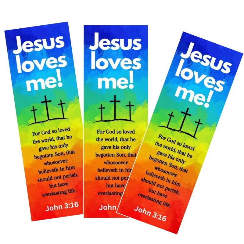 A set of colorful bookmarks with the text 'Jesus loves me!' and the Bible verse John 3:16 printed on them.