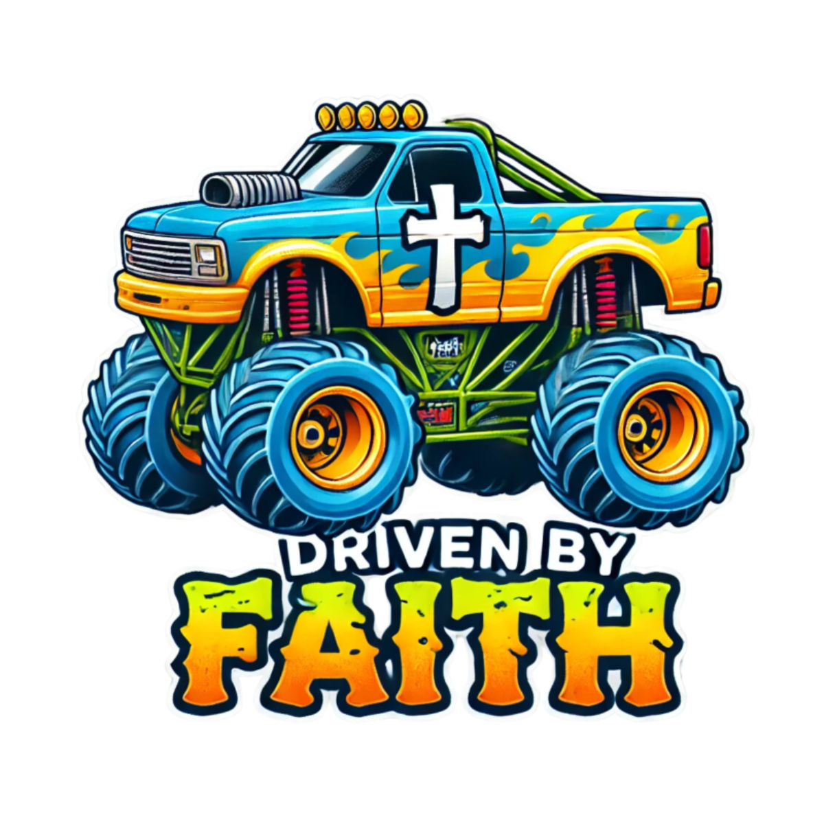 Christian monster truck temporary tattoo reading “Driven by Jesus,” with a cross.