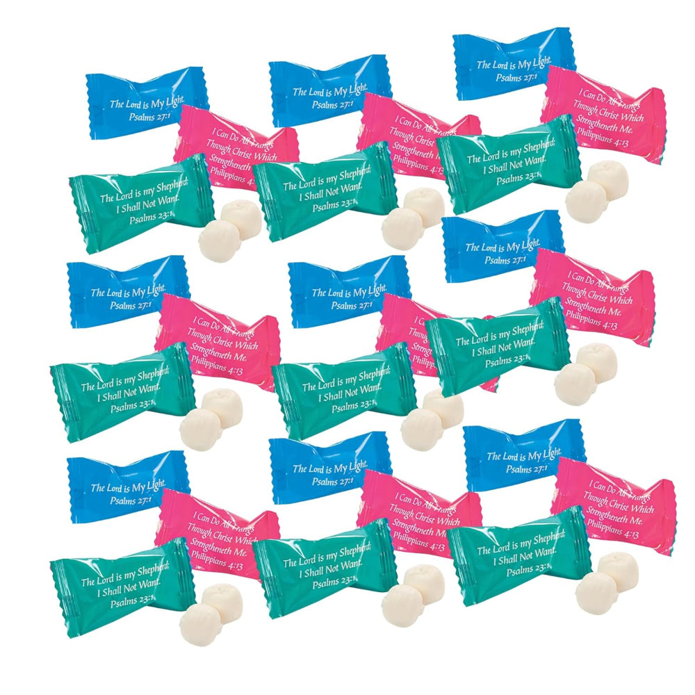 Assorted candy bible verse butter mints with blue, green, and pink wrappers on a white background