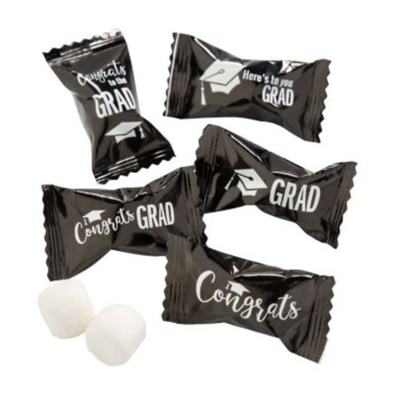 Black with silver print graduation buttermints bulk count