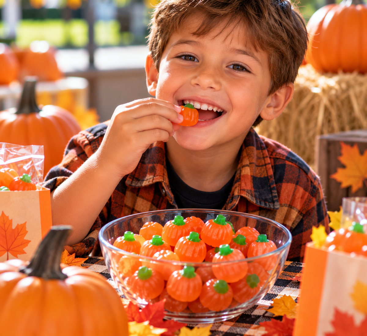 Smiling young boy eating orange pumpkin-shaped gummy candy at a fall festival, with a bowl of pumpkin gummies, autumn decorations, and Halloween party favors.