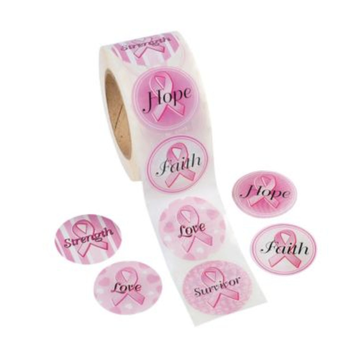 A roll of round pink awareness ribbon stickers with words like Hope, Faith, Love, and Survivor, shown on a white background with several loose stickers beside it.