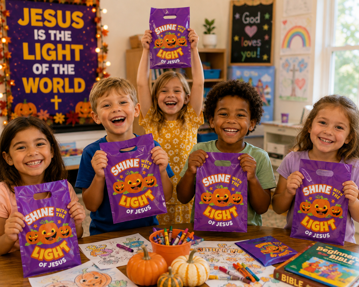 Four children sitting at a table in a decorated classroom, each holding a purple 'Shine the Light of Jesus' coloring bag. The scene includes coloring books, crayons, small pumpkins, and colorful religious wall decorations in the background.
