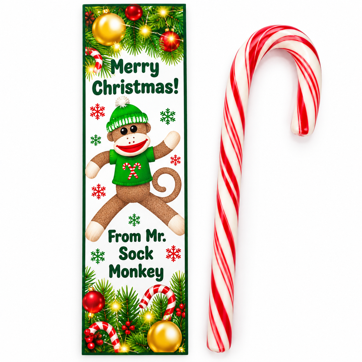 Bulk set of 12 festive sock monkey Christmas bookmarks paired with red and white striped candy canes. Adorable holiday treats for school Christmas parties, children's gift exchanges, church events, and classroom celebrations.