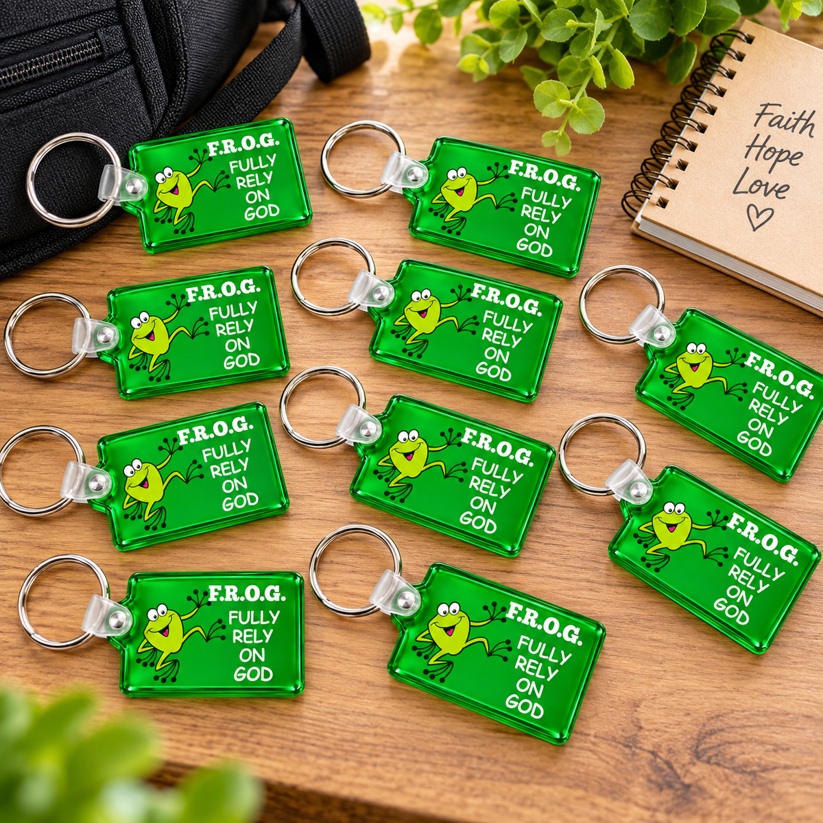 Green F.R.O.G. Fully Rely On God Keychain with Cute Frog Design