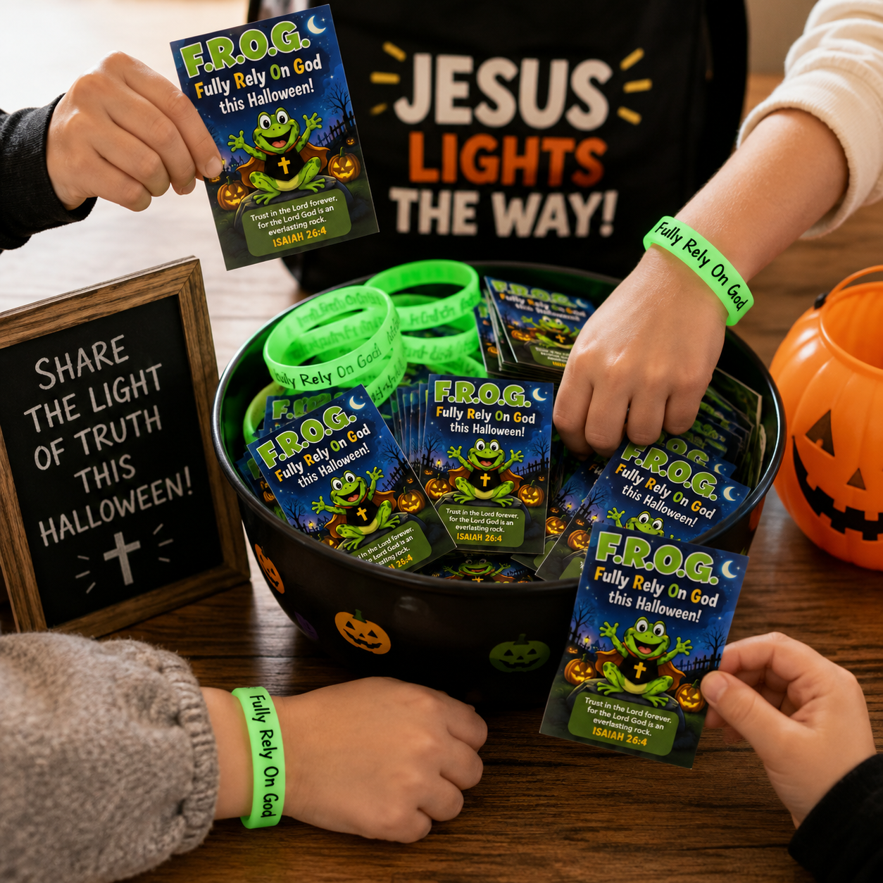 Halloween-themed religious frog gospel tracts and green wristbands being handled by children around a black bowl, with a sign reading 'SHARE THE LIGHT OF TRUTH THIS HALLOWEEN!' and a pumpkin bucket on a wooden table. Fully rely on God theme.