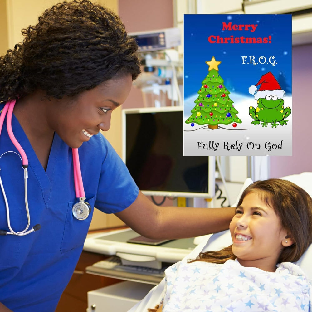 Nurse giving fully rely on God gospel tracts to sick kids.