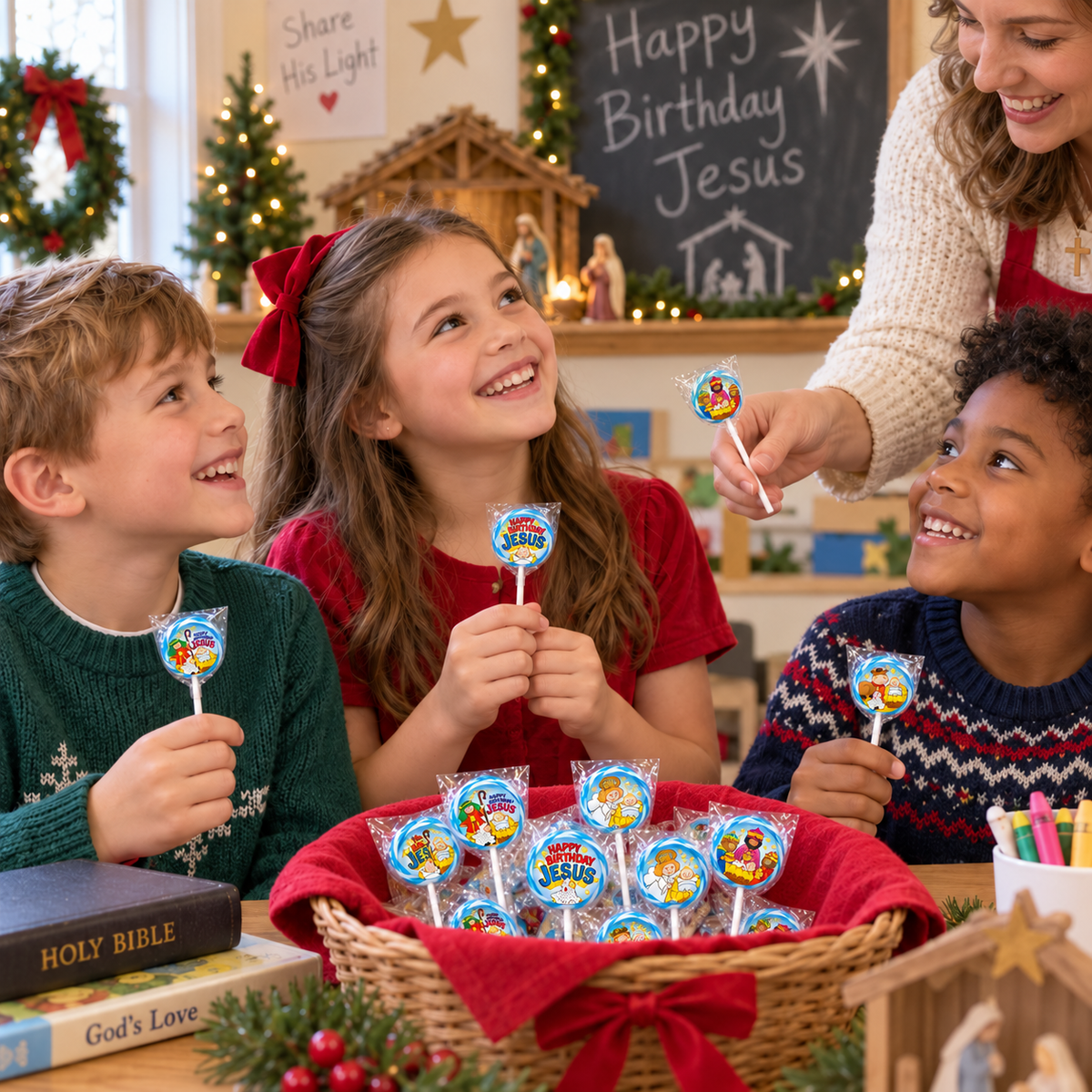 Happy Birthday Jesus Nativity Lollipop Sticker Kit – Makes 24