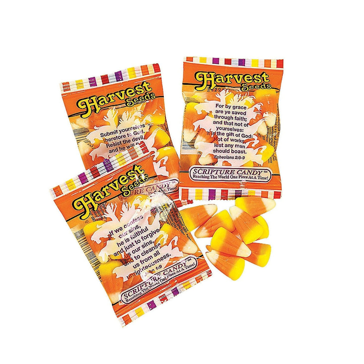 Three bags of Harvest Gold Scripture Candy arranged on a white background, with several candy corn pieces scattered in front. The bags are orange with white and multicolor striped borders and visible product text including 'Harvest Gold' and 'Scripture Candy'.