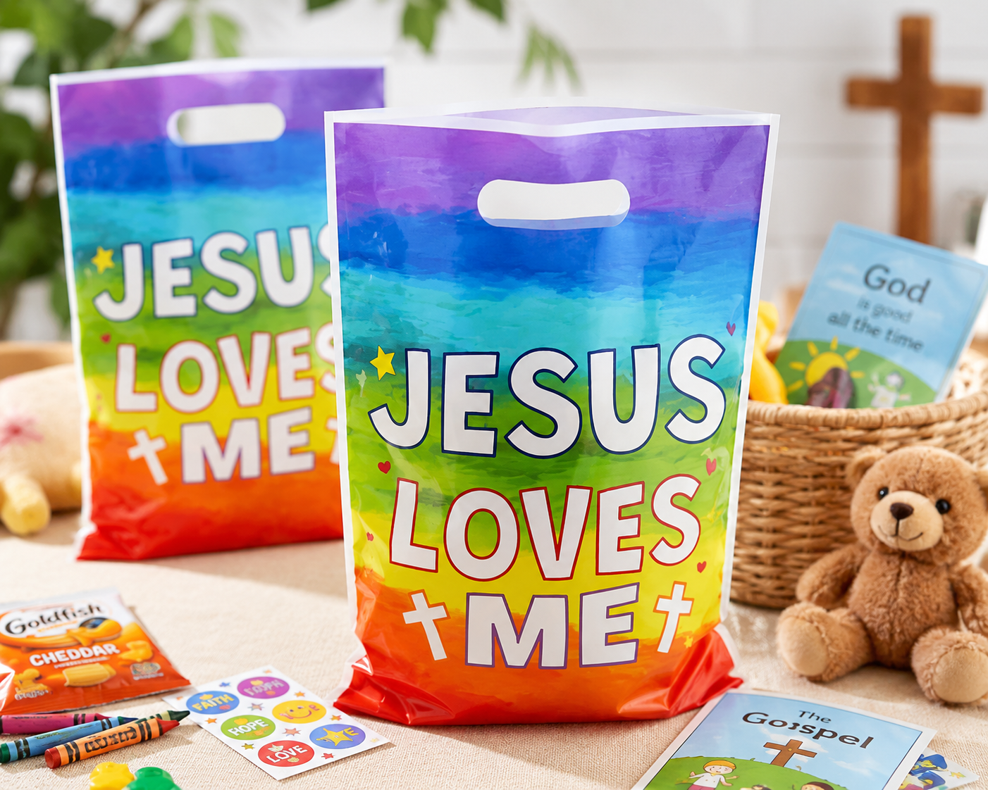 Jesus Loves Me Gift Bags with Handles – Bulk Pack of 50 for Church, VBS & Sunday School