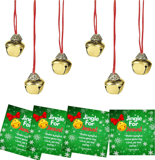 Bulk 24 Sets Of Jingle For Jesus Greeting Cards With Gold tone Jingle Bell Necklaces - Church Christmas Party Favors
