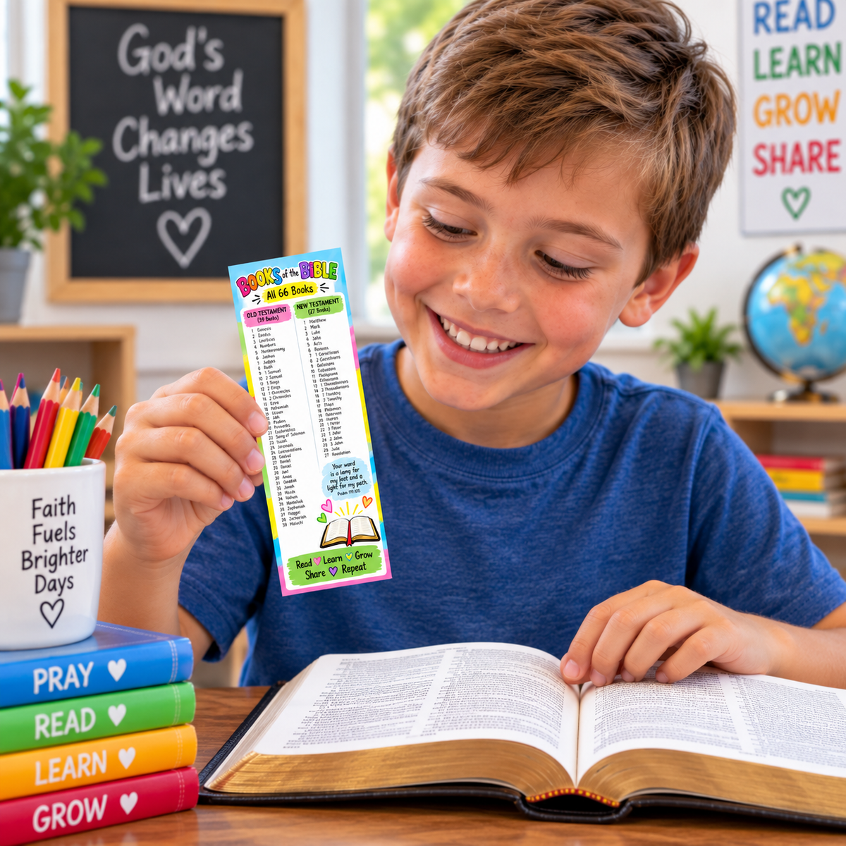 A smiling boy in a blue shirt sits at a desk holding up a colorful Bible verse bookmark card while looking at an open Bible. The scene is set in a classroom with books, a chalkboard, and educational posters in the background.