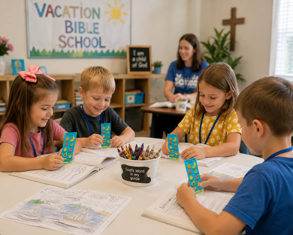Four children sitting around a table in a classroom, holding colorful blue fruit of the spirit and yellow bookmarks while working on coloring pages. A woman is seated in the background near a chalkboard that reads 'Vacation Bible School.