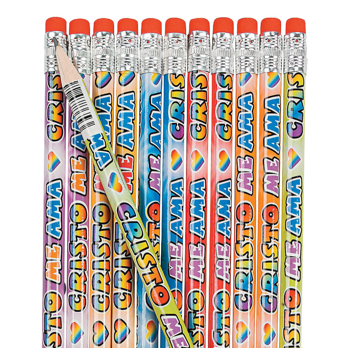 A set of colorful novelty pencils with orange erasers and silver ferrules, printed with the text 'CRISTO ME AMA' in multiple bright colors. One pencil is positioned diagonally in front of the group.