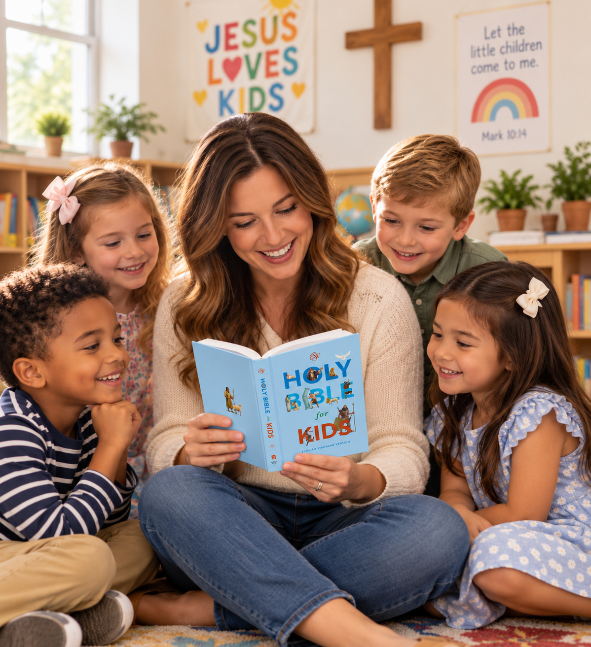 Woman reading a kid's bible to a bunch of kids.