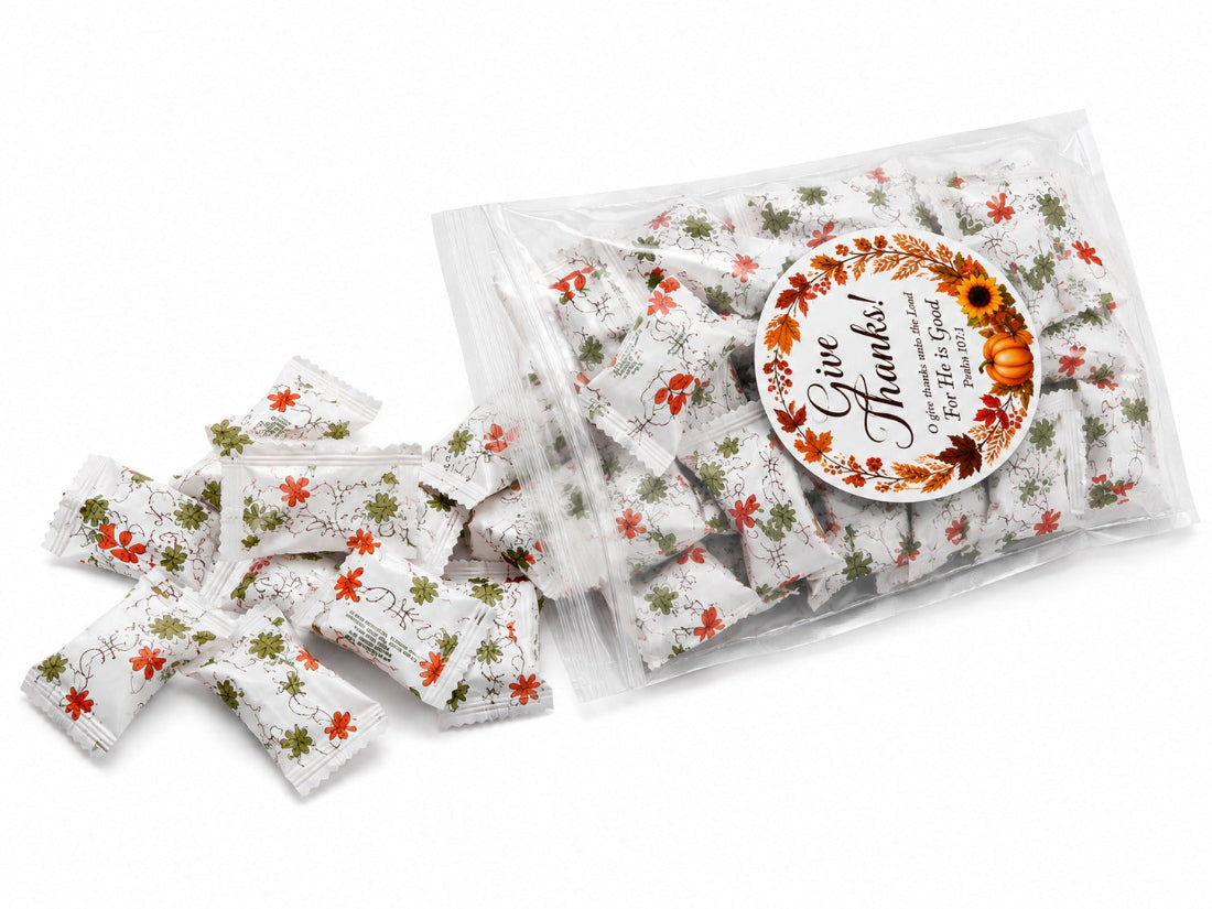 a clear bag of thanksgiving buttermints give thanks to the Lord for He is good bible verse