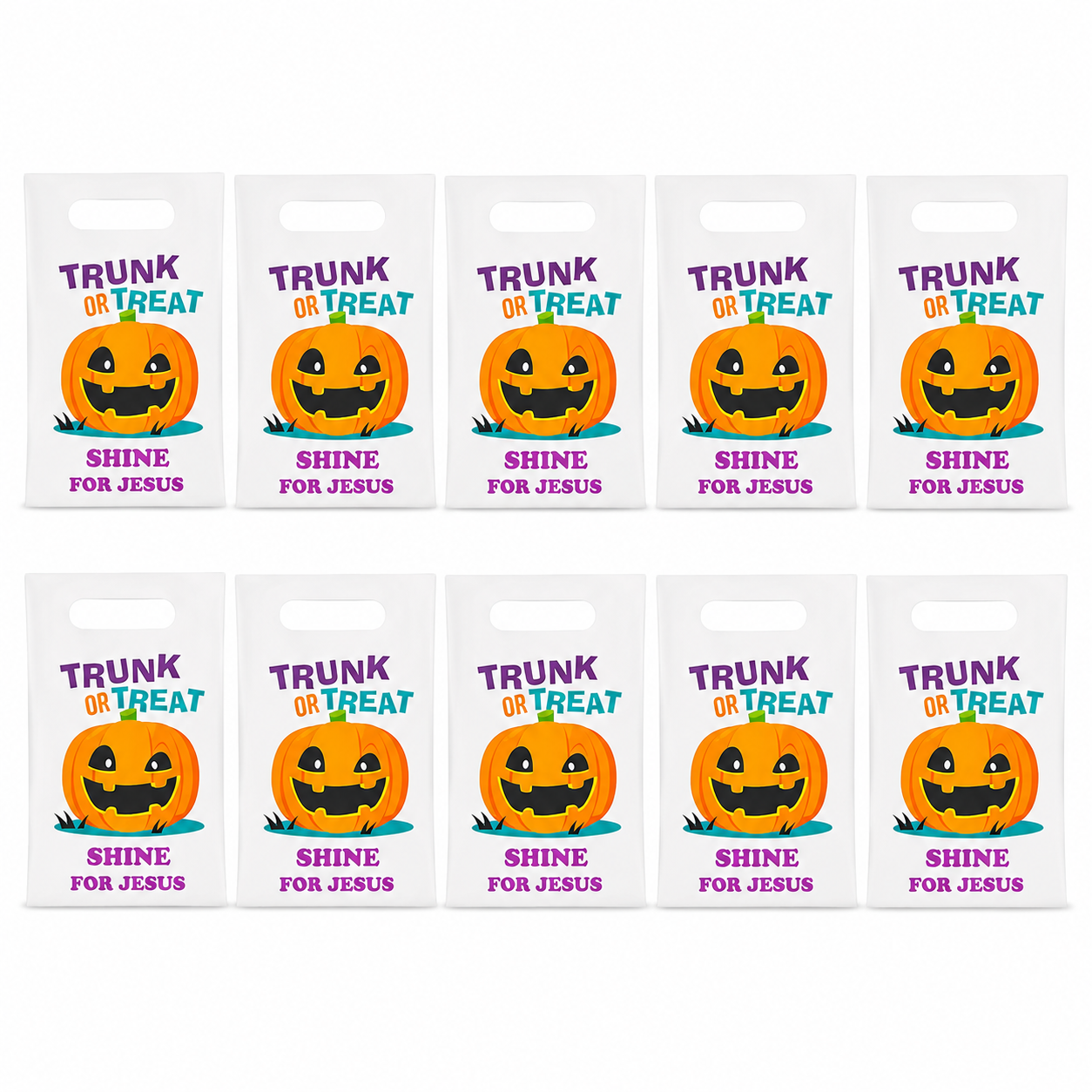 Eight white Halloween party favor bags arranged in two rows of four on a white background. Each bag has a die-cut handle and features a smiling orange jack-o'-lantern with the text 'TRUNK OR TREAT' above and 'SHINE FOR JESUS' below in purple and teal lettering.