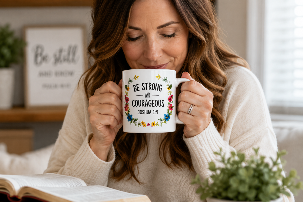 A woman in a cream knit sweater holds a white ceramic mug with the printed message 'BE STRONG AND COURAGEOUS JOSHUA 1:9' surrounded by colorful floral illustrations. She is sitting indoors near an open book, with a softly blurred home background.