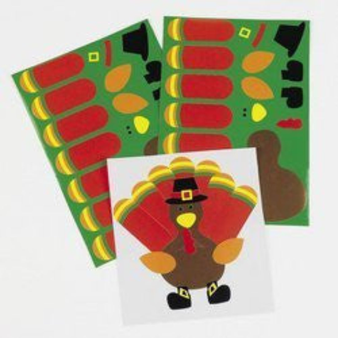 Assorted colorful turkey-shaped stickers for crafts, with Thanksgiving-themed designs
