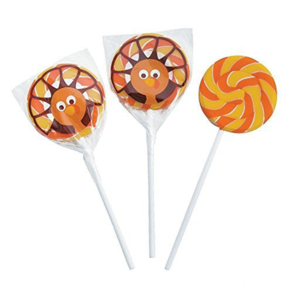 A set of three turkey-shaped suckers with orange, yellow, and red colors, mounted on white plastic sticks.