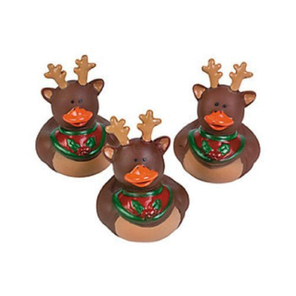 A set of 36 brown rubber ducks with reindeer antlers and a festive green and red scarf, intended as holiday Christmas decorations.