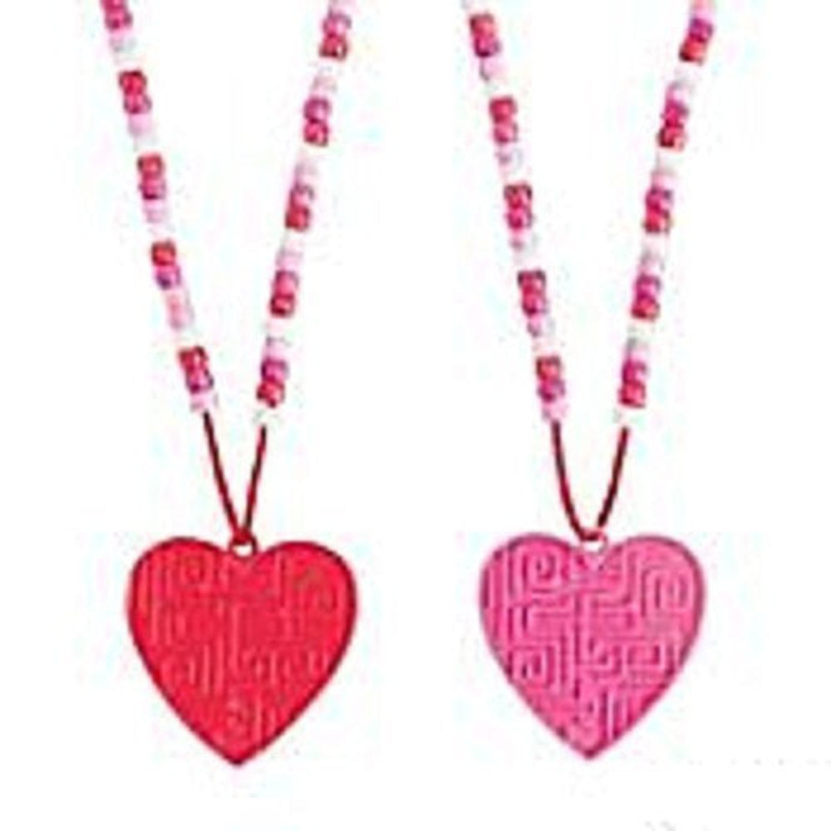 Two heart-shaped beaded necklaces on a plain white background. One necklace has a red heart pendant and the other has a pink heart pendant, both with red and white patterned bead strands.