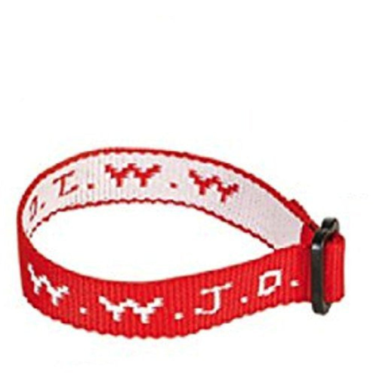 A red and white woven web belt with white embroidered letters spelling 'W.W.