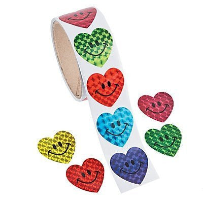 400 Bulk Count of Prism Smile Face Heart Roll of Stickers 4 Rolls of 100 Count