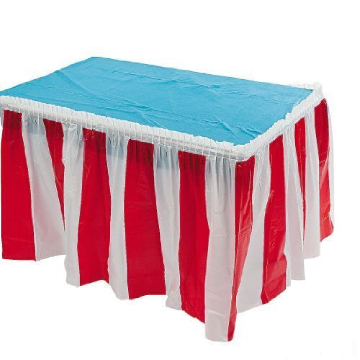 A rectangular table covered with a red and white vertically striped table skirt and a bright blue top sheet, shown on a plain white background.