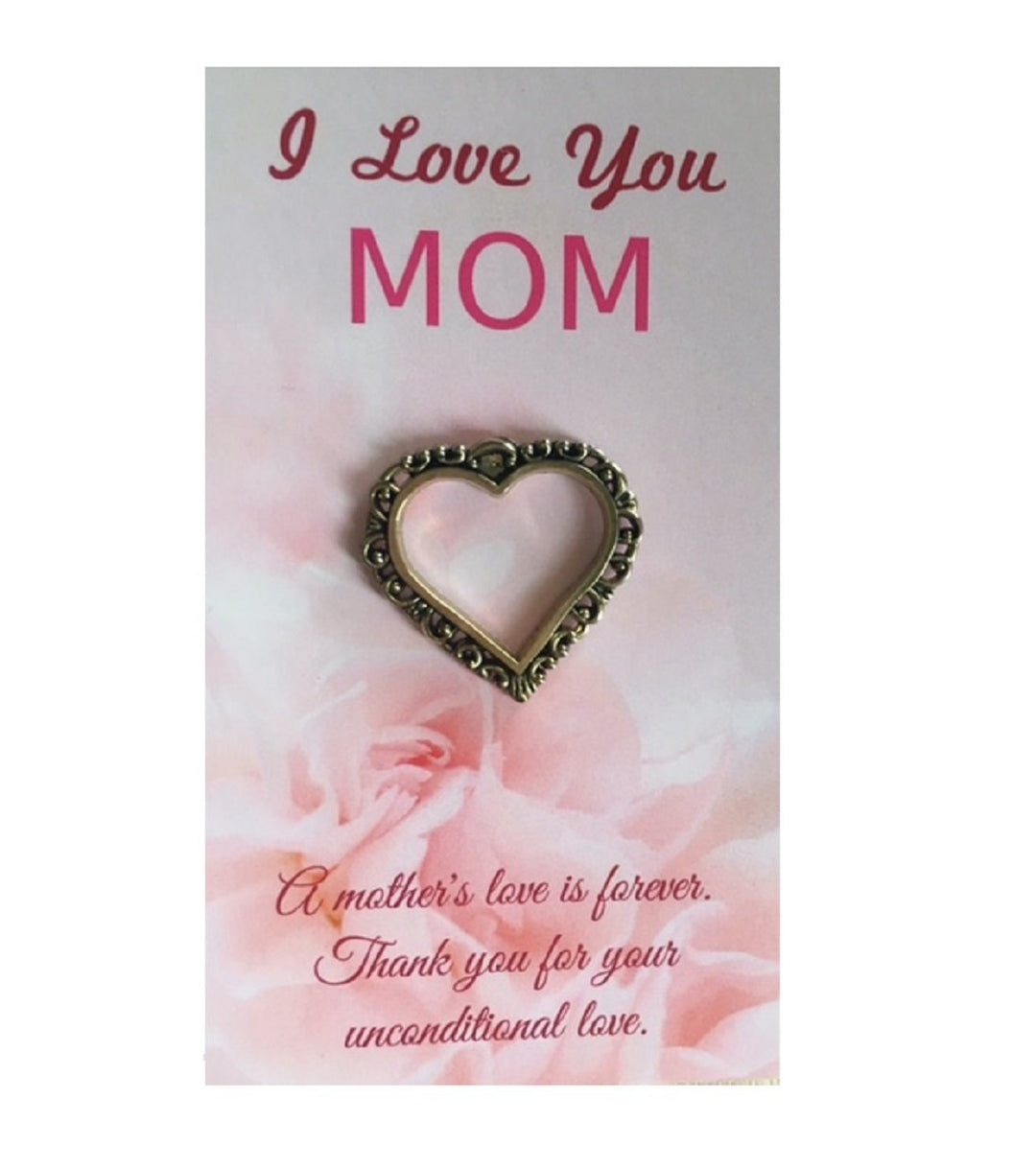 Pink Flowers, I Love You Mom, Pink Mother's Day Gold Plated Heart Brooch Pin