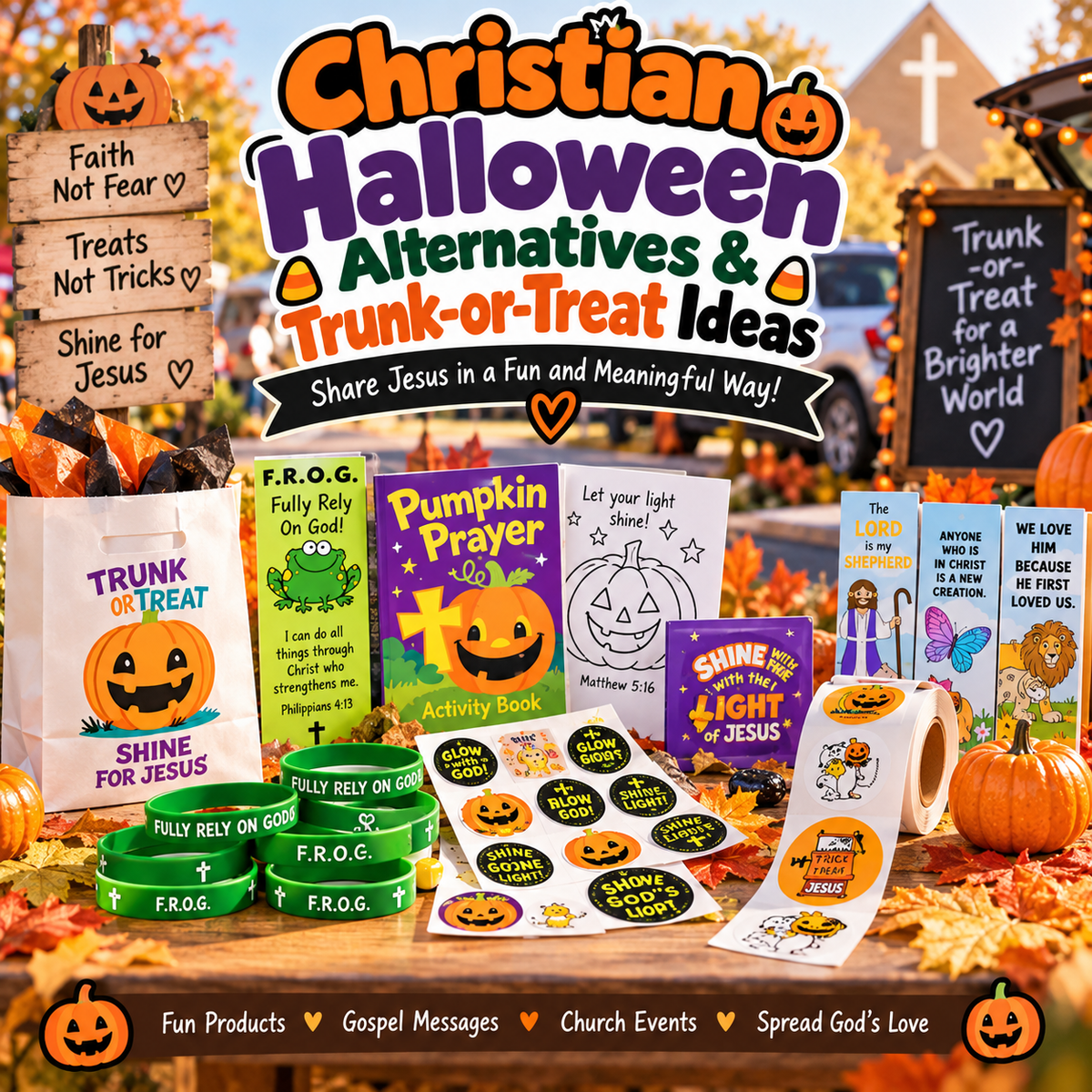 A hand holds a Halloween-themed gospel bible tract that reads 'F.R.0.G. fully rely on God this Halloween. Bulk 100 count for trunk or treat events.